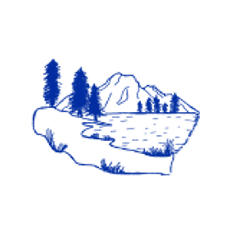 The image shows a blue silhouette of a landscape against a black background. The landscape includes trees, mountains, and water, possibly a lake or river. The style is simple and graphic, resembling a logo or emblem. The scene evokes a sense of nature and tranquility, with the dark background emphasizing the blue elements of the natural landscape.
